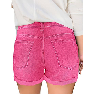Shorts en jean déchiré taille haute noir délavé style décontracté avec fermeture boutonnée pour femme - Product Image 6