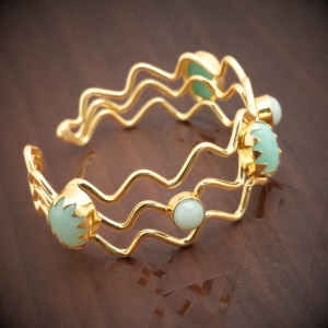 Fashion 18K Gold Plated Open <b>Cuff</b> Bangle with Natural Amazonite Stone | Wavy Design Adjustable Bangle Wholesale - Gift for her - Product Image 6