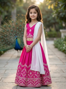 Shoryam Fashion Girls Pink Lehenga Choli Indian Traditional Ethnic Wear Embroidered Mirror Work Fully Stitched Floor-Length Kids - Product Image 5