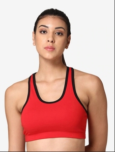 Sujetador deportivo rojo para mujer con espalda cruzada, cuello redondo, ribete en contraste, soporte medio, transpirable, sin costuras, top de fitness y ropa deportiva. - Product Image 2