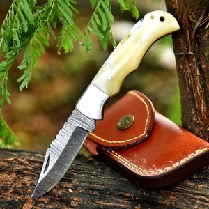UA Supplies OEM Industrial Grade Damascus Steel Foldable Pocket <b>Knife</b> <b>Bone</b> <b>Handle</b> Clip Point Blade 0.5mm Thick Thumb Knob - Product Image 1