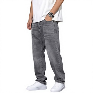 Jeans bleus droits pour hommes, coupe classique, denim, taille mi-haute, décontractés, pour l'automne, jeans en denim uni pour hommes - Product Image 1