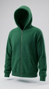 Green Unisex Hooded Zip-Up Fleece Sweatshirt Regular Fit Solid Color Casual Autumn Wear - Product Image 2