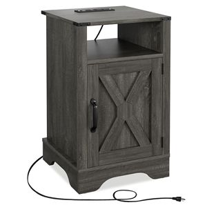 Dark Gray <b>Rustic</b> Wooden Farmhouse Nightstand Tall <b>Bedside</b> End <b>Table</b> with Electrical Outlets and Charging Station - Product Image 2