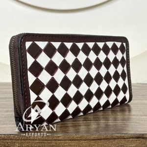 Designer <b>Ladies</b> Hand Tooled Genuine Cowhide Leather Clutch Checkered Pattern Zipper <b>Wallet</b> Multi Card Holder Premium Product - Product Image 1