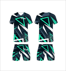 Ensemble d'uniformes de football personnalisés sublimés, bleu foncé, blanc, vert sarcelle, motif triangulaire, respirant, séchage rapide, maillots de football d'équipe pour hommes - Product Image 1