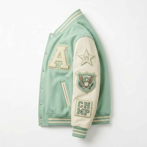 เสื้อแจ็คเก็ตวาร์ซิตี้สีเขียวมิ้นท์สำหรับผู้ชาย สไตล์พรีปปี้ ปักตัวอักษร A ดีไซน์ปกเสื้อพับได้ ทรงปกติ เหมาะสำหรับใส่ในฤดูใบไม้ร่วง ทรงผู้ชาย - Product Image 3