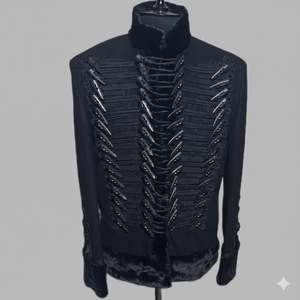 Chaqueta Bomber Gótica Negra para Hombre, Doble Botonadura, Cuello Alto de PU, Forro de Piel Sintética, Cierre de Botones Bordados, Corte Ajustado, Ropa de Invierno - Product Image 3