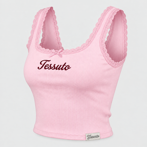 Top Corto de Tirantes para Mujer TESSUTO Rosa Bebé con Ribete de Encaje, Cuello Cuadrado, Lazo, Sin Mangas, de Viscosa y Algodón, Estilo Coquette para Verano - Product Image 1