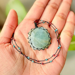 Geometric Natural Stone Pendant Necklace with Hemp <b>Rope</b> Bead <b>Chain</b> Bohemian Style Unisex Everyday Wear - Product Image 1