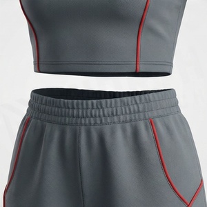 Women's 2 Piece Sporty Set Short Sleeve <b>Crop</b> <b>Top</b> and Above Knee Shorts Solid Gray with <b>Red</b> Stripe Quick Dry Knitted Fabric - Product Image 5