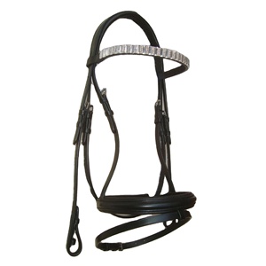 Brida Ecuestre Clásica de Cuero de Búfalo Indio con Muserola Acolchada en Relieve y Banda Frontal Recta con Detalles Brillantes - Product Image 1