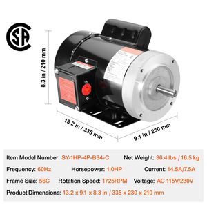 Motore Elettrico Monofase 1HP 1725 Giri/min AC 115V/230V Telaio 56C 60Hz 1kW Albero con Scanalatura da 5/8'' Rotazione CW/CCW per Compressore d'Aria - Product Image 6