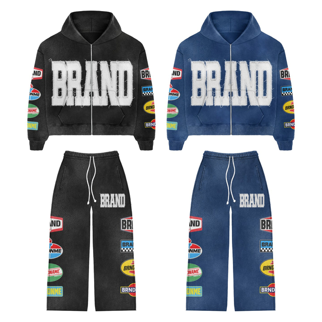2026 Unisex Blue Acid Wash Cotton Tracksuit | Eco-Friendly Breathable Zip Set | Custom Printed Winter OEM