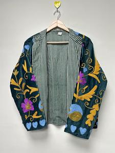 Premium Green <b>Velvet</b> Suzani Embroidered <b>Jacket</b> with Floral Pattern Stand Collar Full Sleeve Autumn Women's Outerwear - Product Image 2