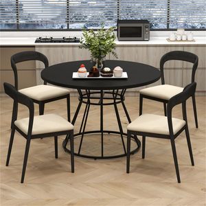 Table à manger ronde noire de 47 po pour 4 à 6 personnes, base en métal en forme de sablier durable et stable avec plateau incurvé, montage facile - Product Image 2