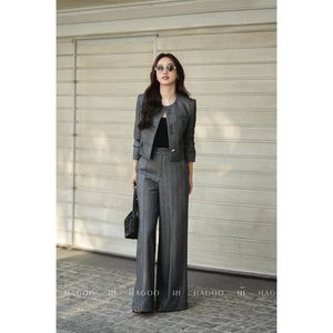 Blazer Gris a Rayas de Lana/Seda Transpirable de Un Solo Botón para Mujer, Estilo Casual de Negocios para Oficina - Product Image 5