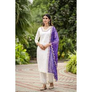 DISEÑADOR ROMAN SECUENCIA DE SECUENCIA BORDADA TRABAJO TOP BOTTOM CON DUPATTA BLANCO - Product Image 1