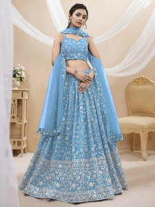 Lehenga Choli en Georgette Brodé Bleu Ciel Semi-Couturié, Tenue Indienne avec Dupatta, pour Mariage et Cérémonie Sangeet - Product Image 1