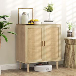 Modern Bohemian <b>Sideboard</b> 31.5\" Wood Buffet Cabinet with 2 Rattan Doors and Shelves for Living Room Hallway Natural - Product Image 2