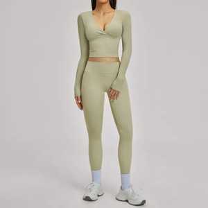 Women’s 2-Piece Yoga Set Deep V-Neck Long Sleeve Crop Top High-Waist <b>Seamless</b> <b>Leggings</b> Workout Activewear Suit - Product Image 2