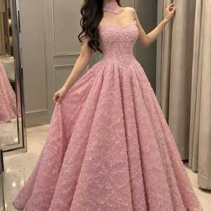 Pink <b>Ball</b> Gown Women Designer Evening Dress Embellished Lace Sequin Floral Beaded Corset Bodice Off-Shoulder Sweetheart Neckline - Product Image 2
