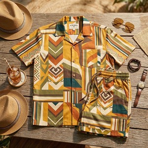 Ensemble de tenue 2 pièces de style bohème pour hommes, impression par sublimation personnalisée, chemise à manches courtes boutonnée et short à cordon de serrage - Product Image 4