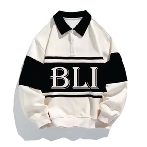 Polo de Manga Larga para Hombre, Blanco con Rayas Negras, Logotipo BLI, Diseño Casual de Punto de Algodón con Estampado Frontal - Product Image 4