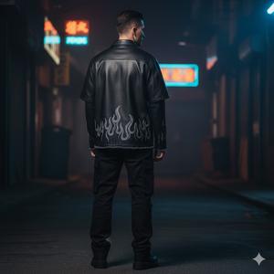 Chaqueta de Cuero PU Negra Personalizada para Hombre, Estilo Urbano, con Gráfico de Llama Bordado, Manga Corta, Transpirable, Tallas Grandes, Camisas Hip Hop - Product Image 2