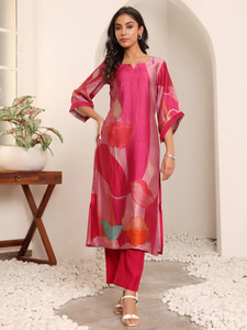 Pink Digital Printed Silk <b>Kurta</b> Set With Loose Fit Knee Length <b>Kurta</b> And Palazzo Pants For <b>Women</b> Casual Wear Summer Style - Product Image 5