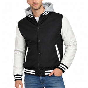 Chaqueta Varsity con Capucha para Hombre, Negra con Mangas Blancas, Color Sólido, Casual, Resistente al Viento, para Otoño, con Relleno de Poliéster y Cuello Camisero - Product Image 6