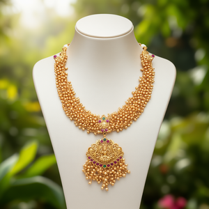 Golden <b>Pearl</b> Embedded Temple Traditional Fine Jewelry <b>Necklace</b> <b>Set</b> - Product Image 3