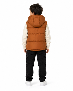 Boys Premium Brown Puffer Sleeveless Jacket Hooded Winter Vest Kids Warm <b>Quilted</b> Jacket Lightweight Insulated Vest Front Zip - Product Image 3
