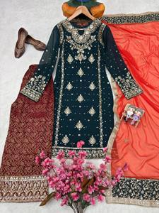 ชุดคุร์ติปาลาซโซดีไซเนอร์พร้อมผ้าคลุมไหล่สำหรับผู้หญิง |   ชุดงานเทศกาลผ้าจอร์เจตต์เทียมปักเลื่อมดิ้นทอง - Product Image 3