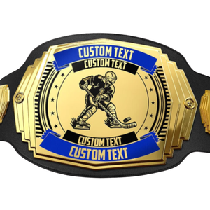 Ceinture de champion de hockey en cuir noir avec plaque dorée et accents bleus pour récompenses personnalisées - Product Image 2