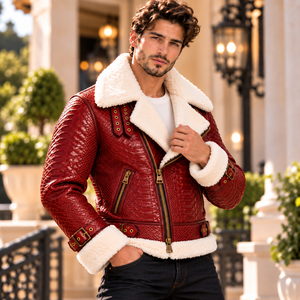 <b>Men</b>’s Beige Snake Embossed <b>Shearling</b> Leather <b>Jacket</b> Ανδρικό Δερμάτινο Μπουφάν Custom OEM Wholesale Supplier - Product Image 2