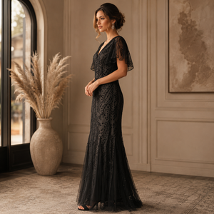 Elegant Black Embroidered Mesh Evening Gown for Women V Neck Flutter Sleeve Formal Maxi Dress Party Wedding Guest Prom Dress - Product Image 2
