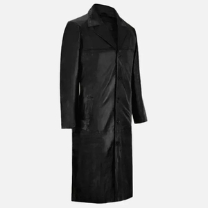 Men's <b>Black</b> Genuine Leather Long Trench Coat Notched Lapel Single Breasted Regular Sleeve - Product Image 3