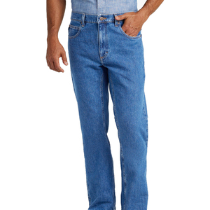 Jean en denim délavé coupe droite taille haute pour homme 100 % coton décontracté bleu avec braguette boutonnée en toile mi-lourde - Product Image 1