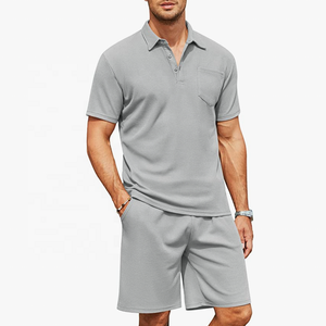 Ensemble polo et short en tricot gaufré pour homme, 2 pièces, tenue d'été, survêtement décontracté avec poches, respirant, grande taille pour homme - Product Image 2
