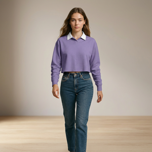 Camiseta de Punto Corta para Mujer, Transpirable, Color Morado, con Cuello Blanco, Manga Larga, Estilo Casual, Color Sólido - Product Image 2