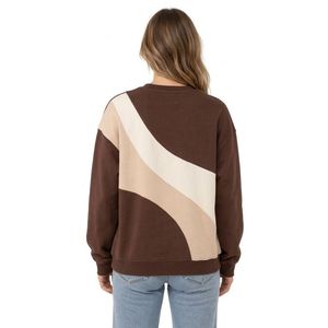 Brown Earth Tone Women Cotton Sweatshirts Geometric Wave Patchwork <b>Crewneck</b> Fleece Pullover Cotton Blend Fashion Tops - Product Image 3