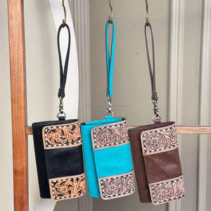 Cartera de mano de cuero mecanizada a mano de estilo occidental superventas, cartera de mano de cuero genuino Floral en relieve, tarjetero, monedero - Product Image 5