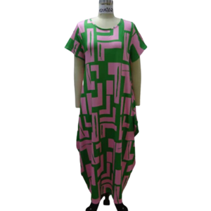 AKA Vestido geométrico con bolsillos para mujer, rosa, verde, manga corta, informal, midi, holgado, para uso diario, atuendo de moda - Product Image 1