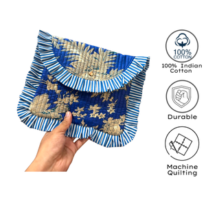 Bolsa de Cosméticos Acolchada con Volantes a Rayas Azules y Estampado Floral, Cierre Magnético, Pequeña, Portátil, Estilo Bohemio, Textil - Product Image 3