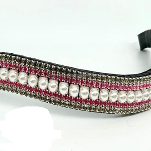 Banda de ceja de caballo de cuero inglés negro con forma de onda de último diseño con cadena de metal de pedrería de perlas de cristales multicolores de cinco filas - Product Image 4