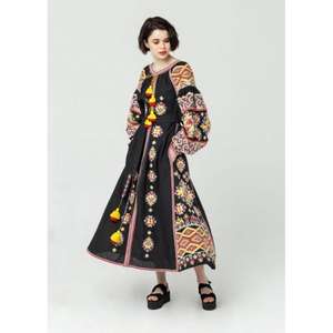 Vestido Maxi Étnico Bordado para Mujer, Estilo Bohemio Vintage, de Algodón Ecológico, con Cintura Natural y Borlas - Product Image 1