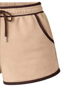 Pantalones Cortos de Algodón Personalizados para Mujer, Color Beige con Contraste Marrón Chocolate, Cintura Elástica, Ropa Deportiva Informal de Verano para Descansar - Product Image 4