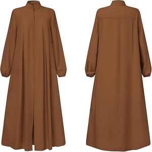 Abaya marron unie pour femme, manches longues, col montant, longueur ras du sol, robe modeste en coton, coupe ample, style Moyen-Orient, pour usage quotidien - Product Image 5