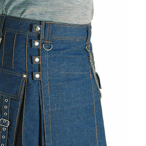 Kilt écossais en denim bleu pour homme, clous en laiton, respirant, anti-rides, chaînes métalliques, vente en gros, promotion - Product Image 3